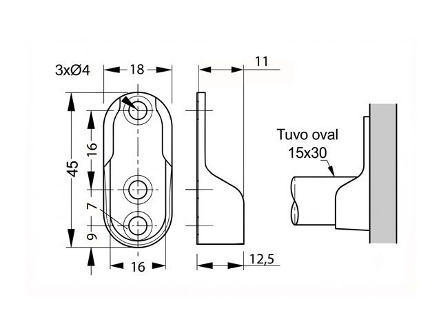 Soporte lateral para tubo oval. Acero