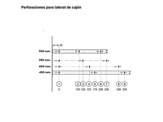 Guía telescópica con sobreextensión. Altura 30 mm. Capacidad de carga 20 kg.