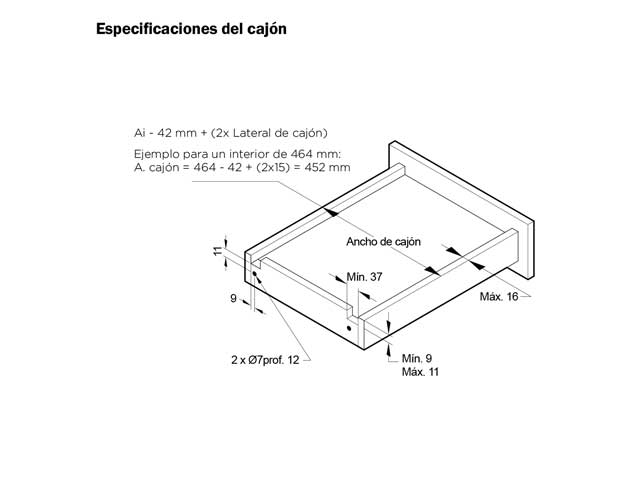 Guía oculta Soft Closing con sistema sincrónico y regulación 3D. Extensión total. Capacidad de carga 40 kg.